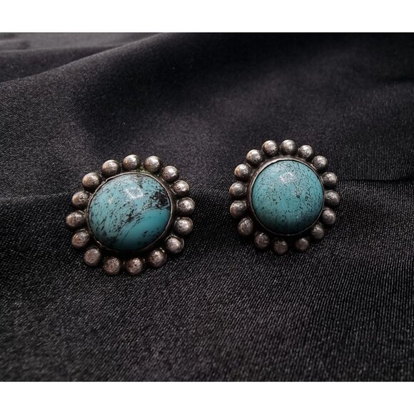 Vintage Sterling Silver Turquoise Earrings With Floral Design Round Cabochon - Picture 2 of 5